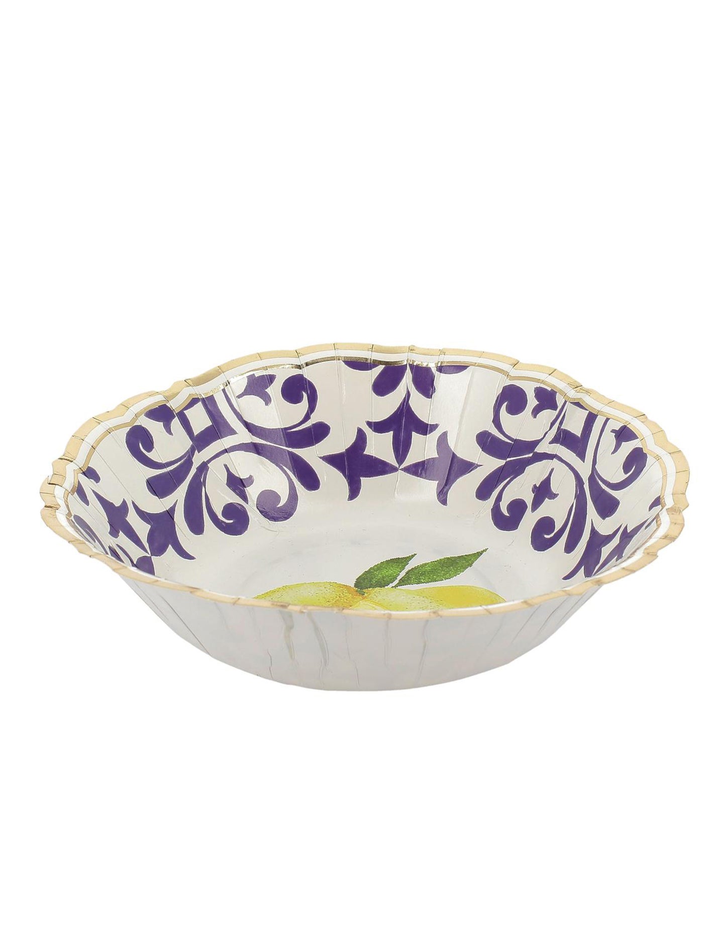 Bols en carton citrons bleu roi jaune blanc et or motif floral méditerranéen