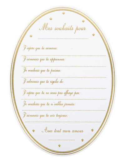 Cartes de souhaits baby shower pour fête blanches et dorées forme médaillon