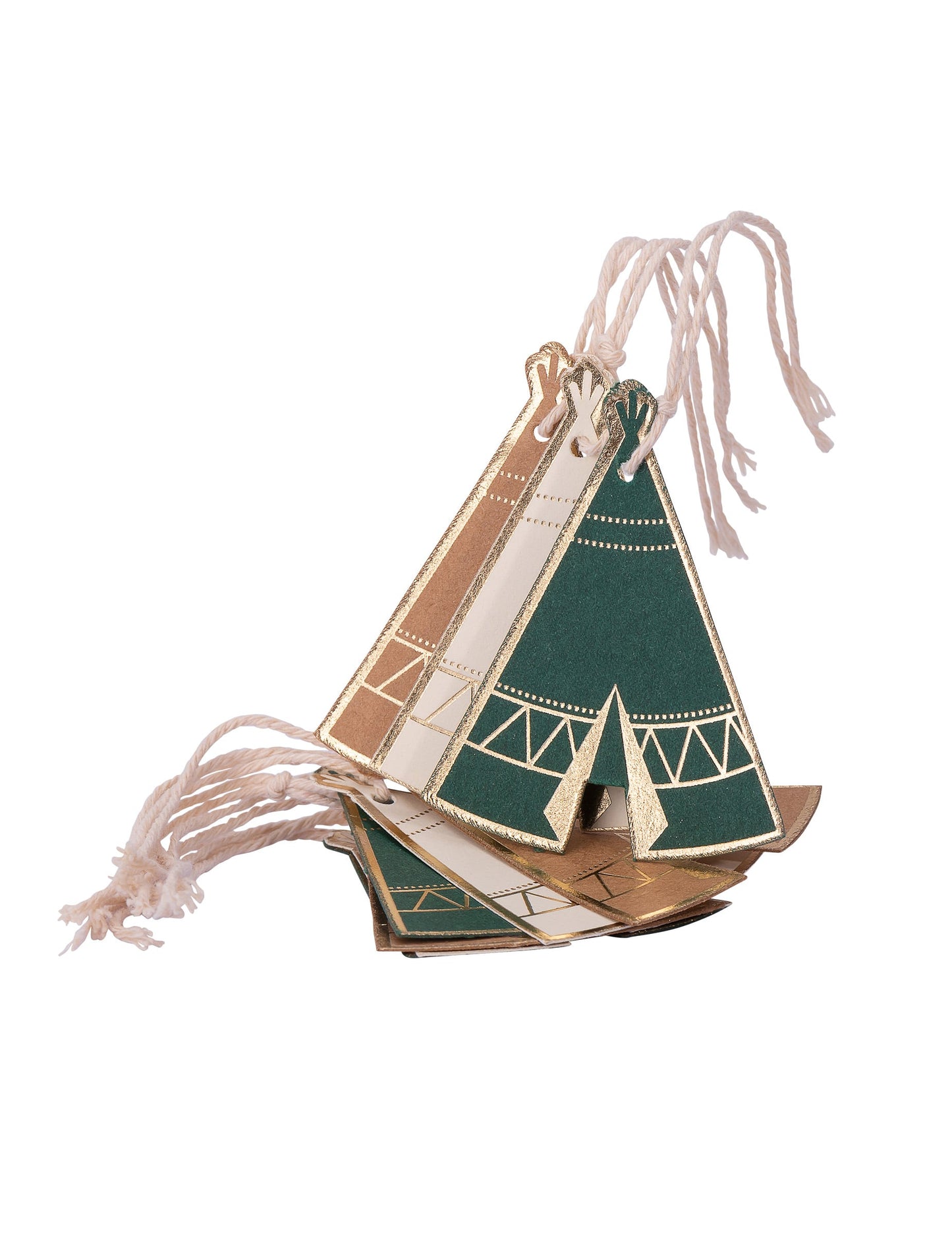 Étiquettes en carton tipi Indian Forest kraft vert ivoire et dorure avec ficelle