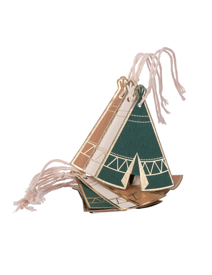 Étiquettes en carton tipi Indian Forest kraft vert ivoire et dorure avec ficelle
