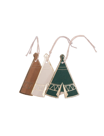 Étiquettes en carton tipi indian forest pour fête kraft vert ivoire et doré avec ficelle