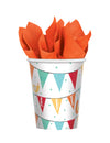 Gobelets en carton à la ferme pour anniversaire blancs avec motifs fanions et oiseaux multicolores