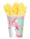 Gobelets en carton jolie licorne magique pour anniversaire rose et bleu ciel