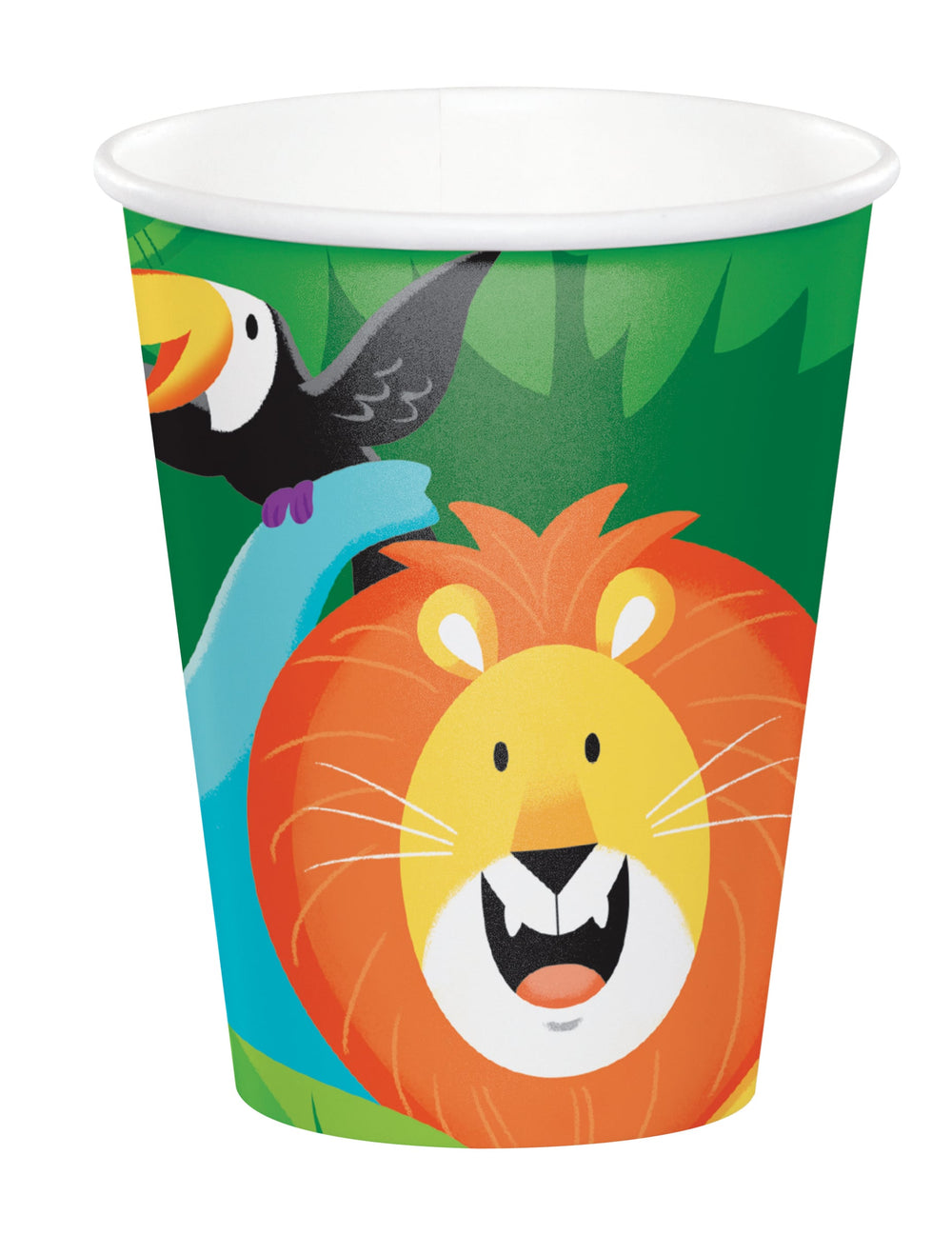 Gobelet en carton jungle safari pour enfant vert avec lion et toucan