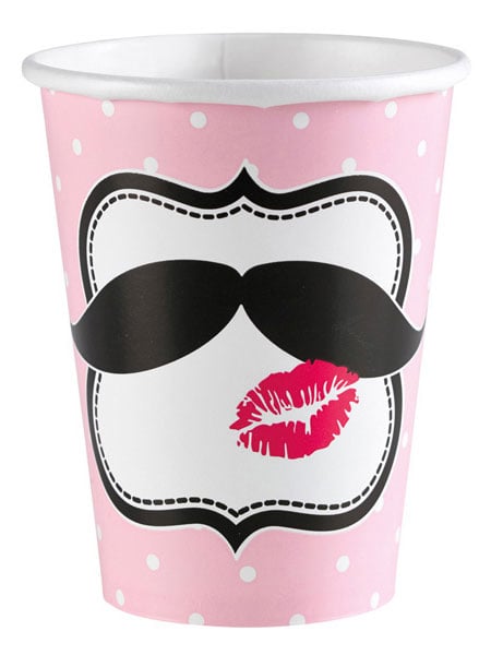 Gobelets en carton moustache pour fête rose à pois avec motif lèvres rouges