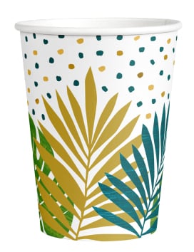 Gobelets en carton tropical chic blancs à motifs de feuilles de palmier dorées et vertes