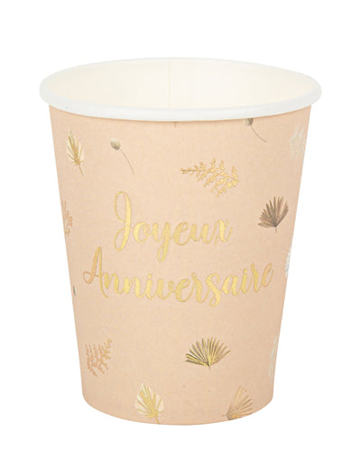 Gobelets Joyeux anniversaire boho pour fête blush et or en carton
