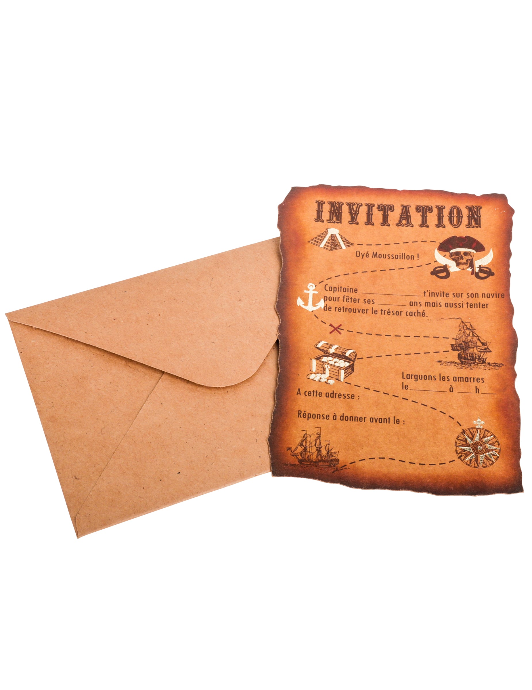 Invitations avec enveloppes carte au trésor pirate pour anniversaire kraft marron