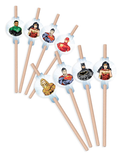 8 pailles médaillon en carton Justice League pour enfant multicolore