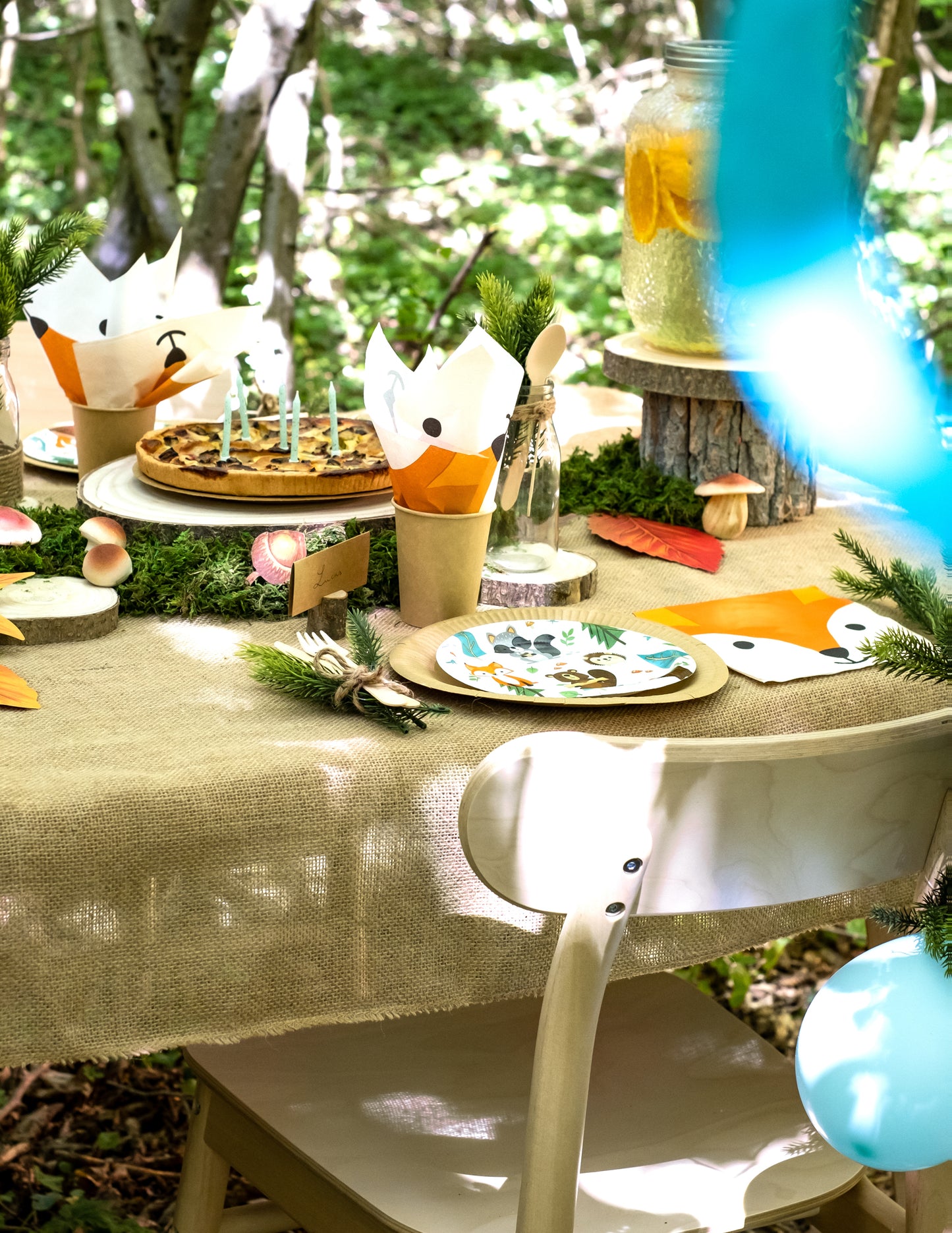 Vue d'ensemble de la table de fête des assiettes en carton animaux de la forêt pour anniversaire