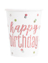 Gobelets en carton Happy Birthday pour anniversaire blancs et roses pailletés à pois