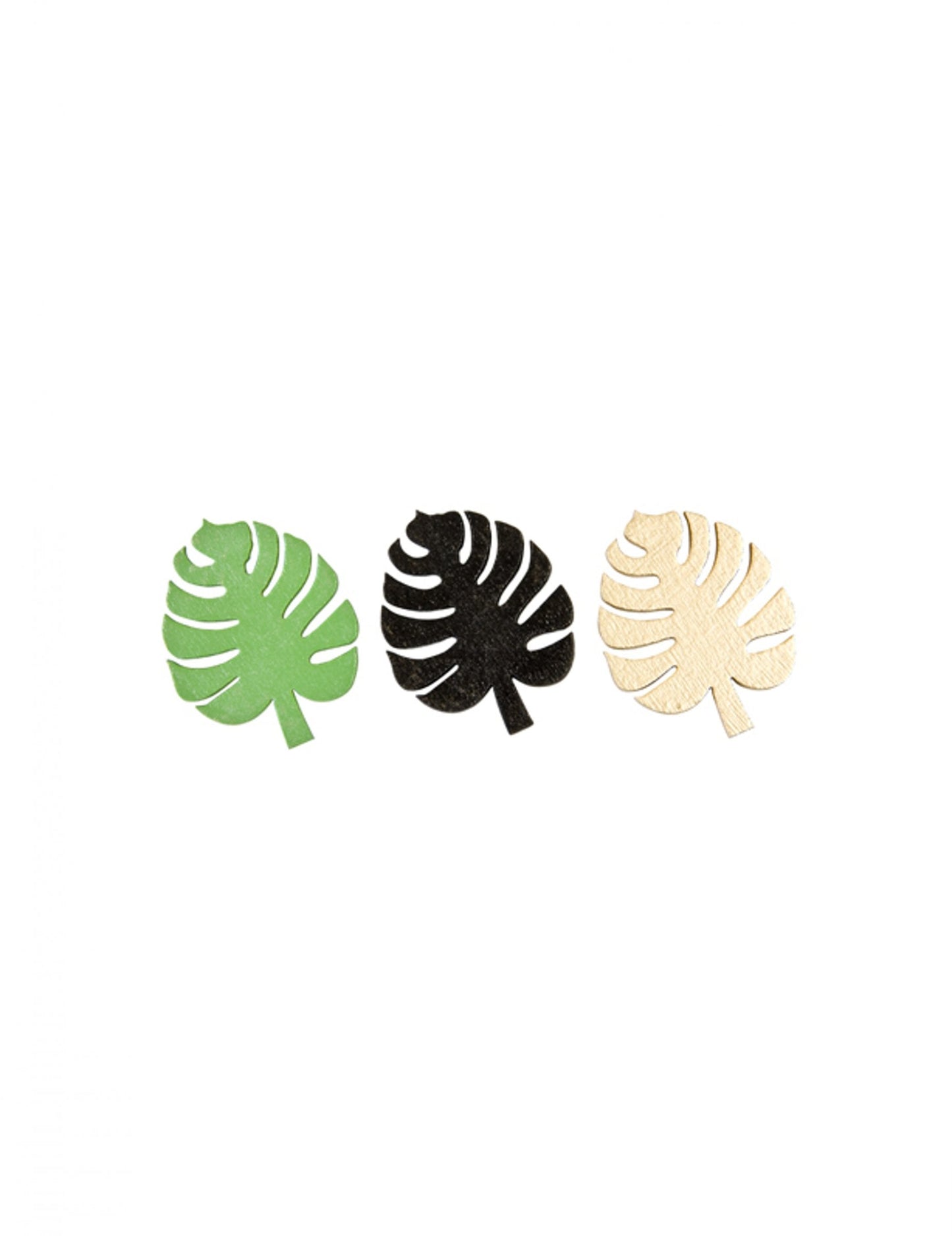 Détail des coloris des confettis en bois feuilles tropicales pour déco de table