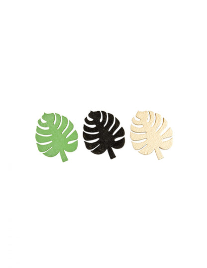 Détail des coloris des confettis en bois feuilles tropicales pour déco de table