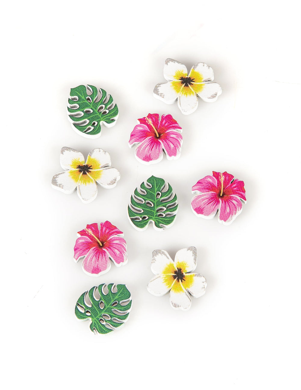 Confettis en bois fleurs et feuilles tropicales pour fête rose blanc et vert