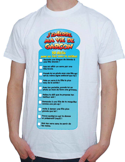 Autocollant enterrement de vie de garçon pour homme blanc et bleu avec liste de 10 défis