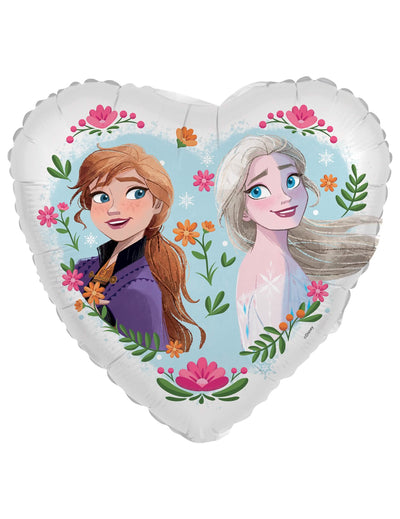 Ballon aluminium Cœur Elsa et Anna La reine des neiges blanc avec motifs floraux