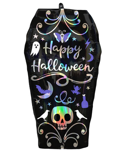 Ballon aluminium cercueil Halloween pour décoration noir et iridescent