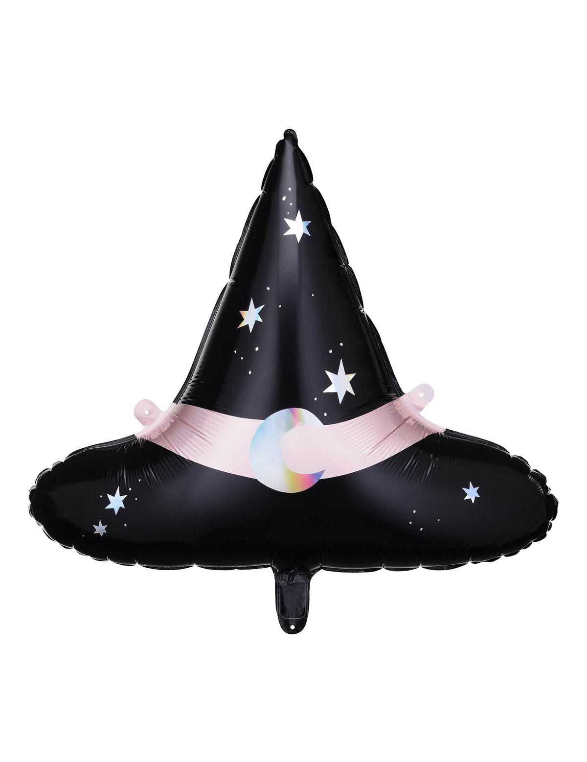 Ballon aluminium chapeau de sorcière pour fête noir avec ruban rose et étoiles holographiques