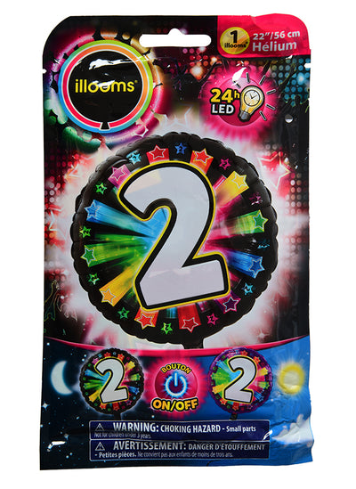 Ballon aluminium chiffre 2 pour fête multicolore LED Illooms noir et étoilé