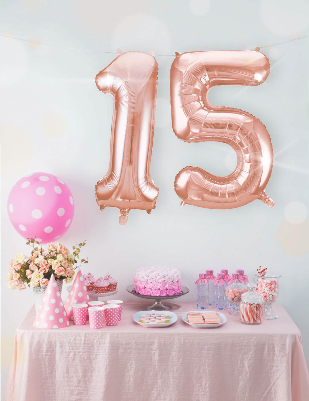 Mise en situation du ballon aluminium chiffre pour fête rose gold