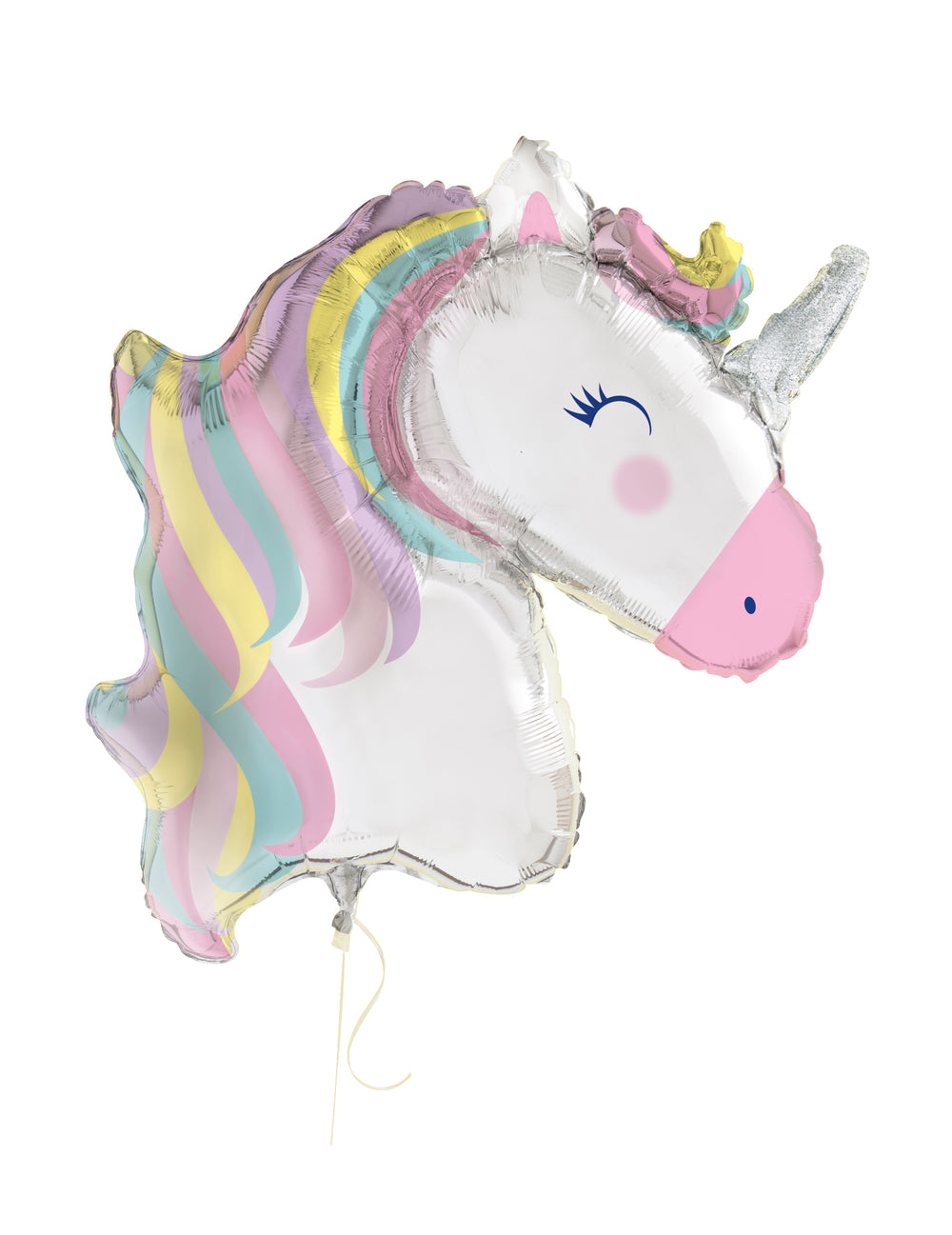 Ballon aluminium géant licorne magique pour enfant blanc aux reflets irisés et crinière pastel