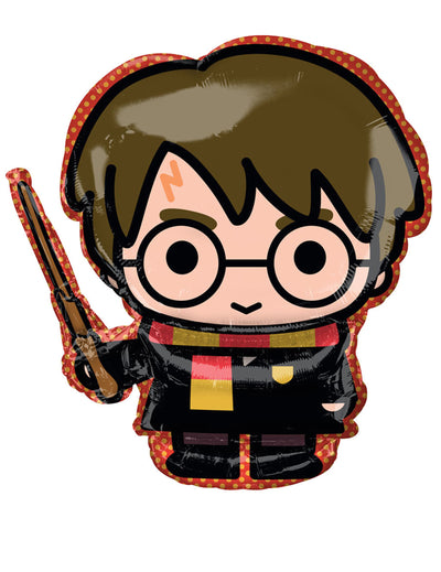Ballon aluminium Harry Potter style chibi avec baguette magique et écharpe rouge et jaune