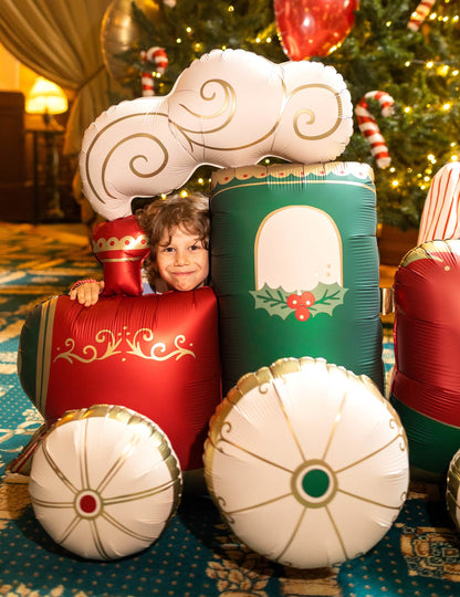 Ballon aluminium Train de Noël XXL vert et rouge 221 x 96 cm