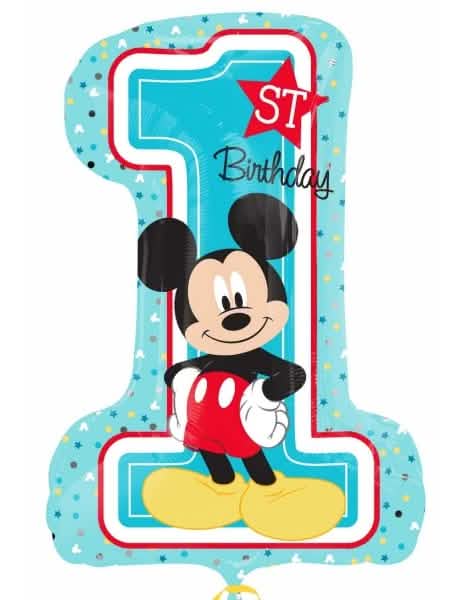 Cijferballon 1 van aluminium Mickey Mouse hemelsblauw met inscriptie 1st Birthday