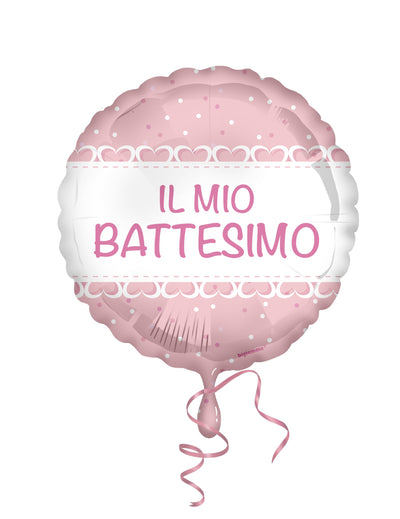 Ballon en aluminium Baptême coeurs roses pour enfant rose à pois blancs
