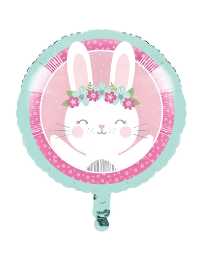 Ballon en aluminium petit lapin pour décoration de baby shower rose et vert menthe avec couronne de fleurs