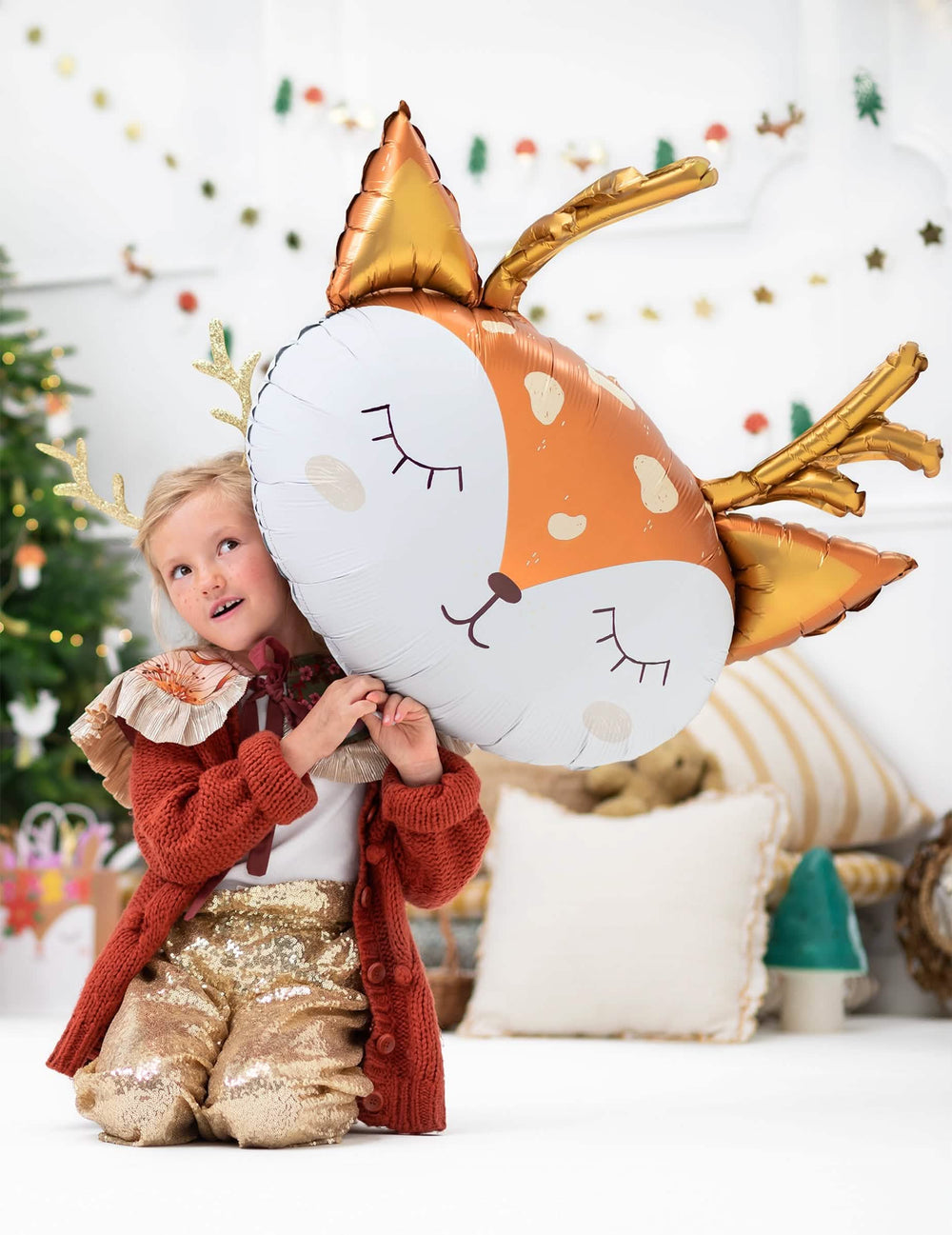 Ballon géant en aluminium tête de cerf pour enfant orange blanc et doré