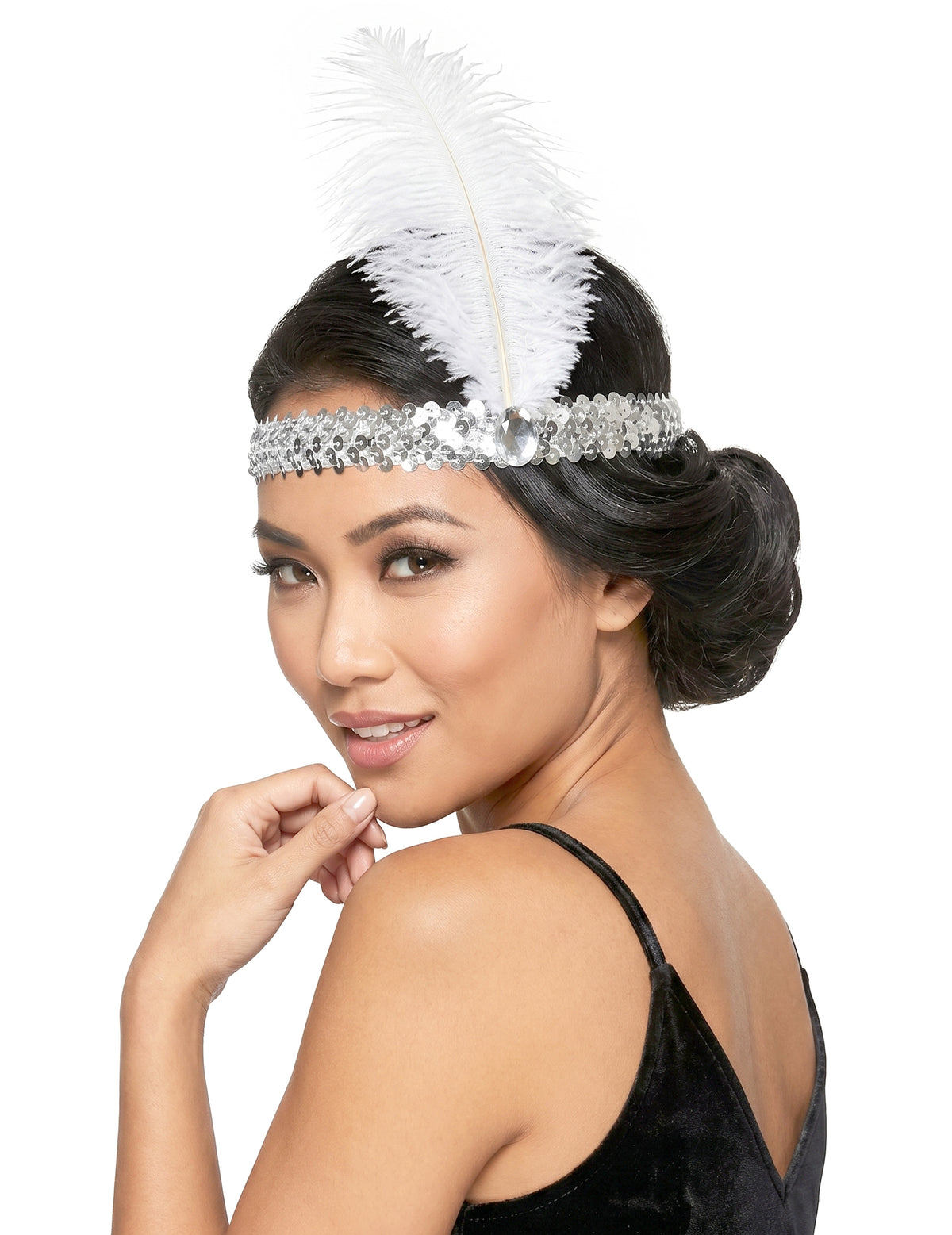 Bandeau Charleston à sequins et plume argenté femme
