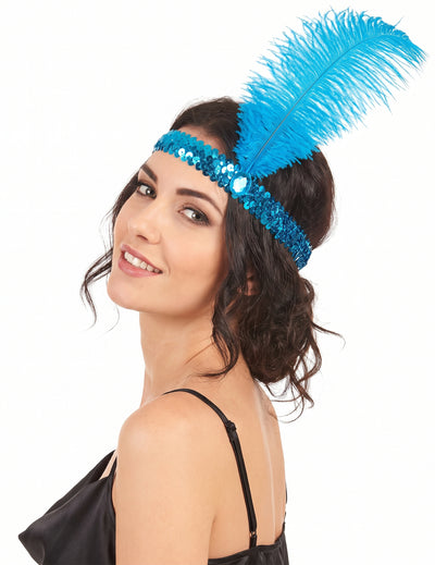 Blauwe charleston hoofdband met veer voor vrouwen