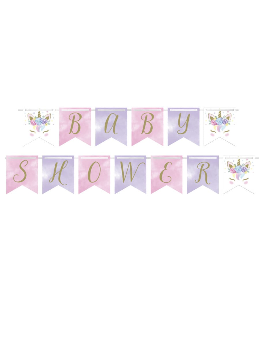 Bannière à fanions licorne féerique pour baby shower rose et violet pastel