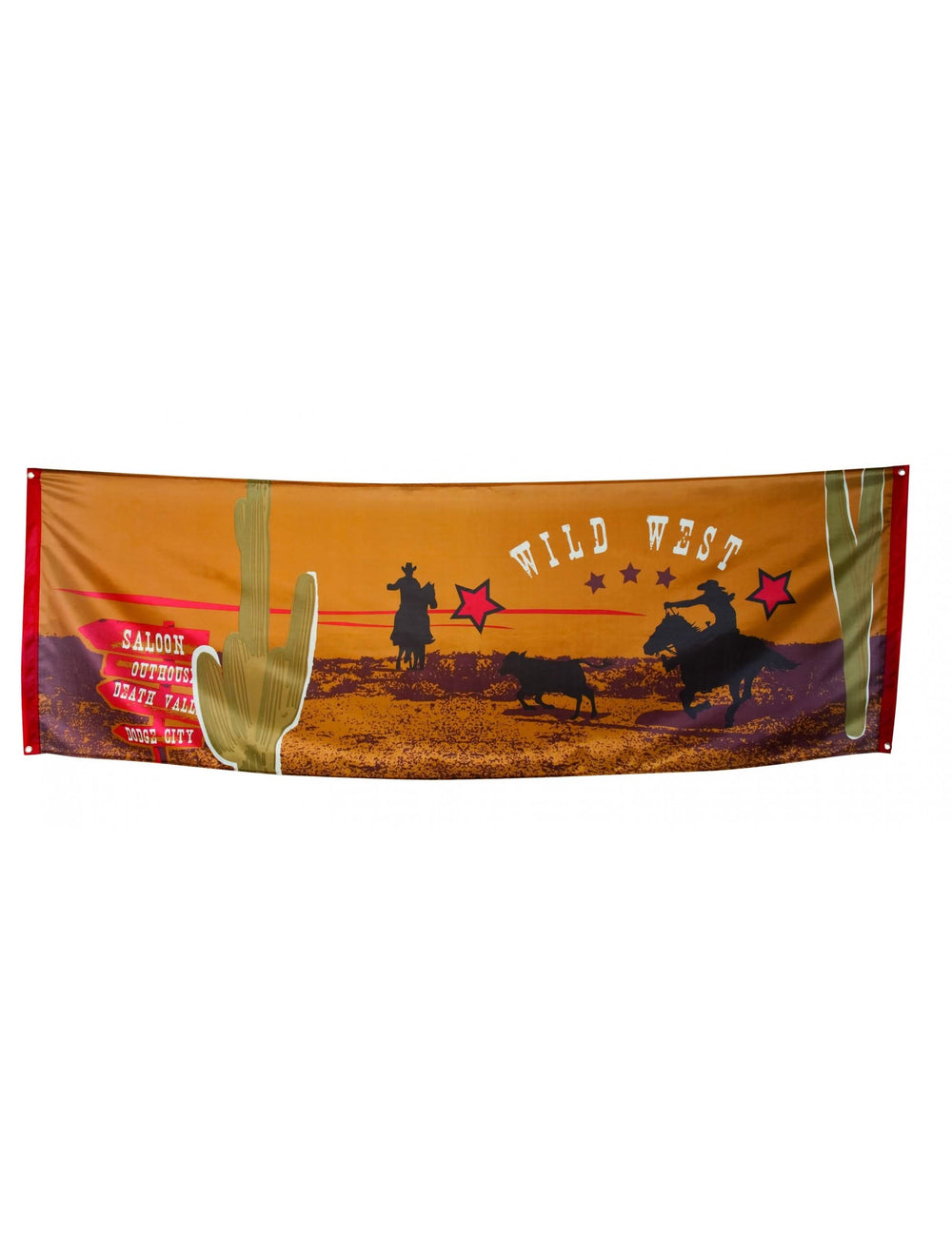 Bannière western pour fête orange et marron avec silhouettes de cowboys et cactus