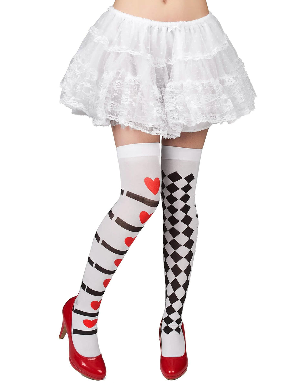 Bas dame de cœur pour femme blancs à motifs cœurs rouges et damier noir