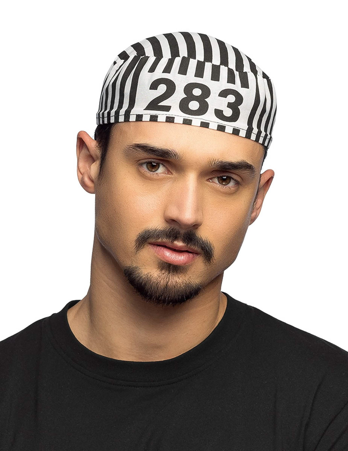 Gestreepte gevangenenbaret voor heren in black & white met nummer 283