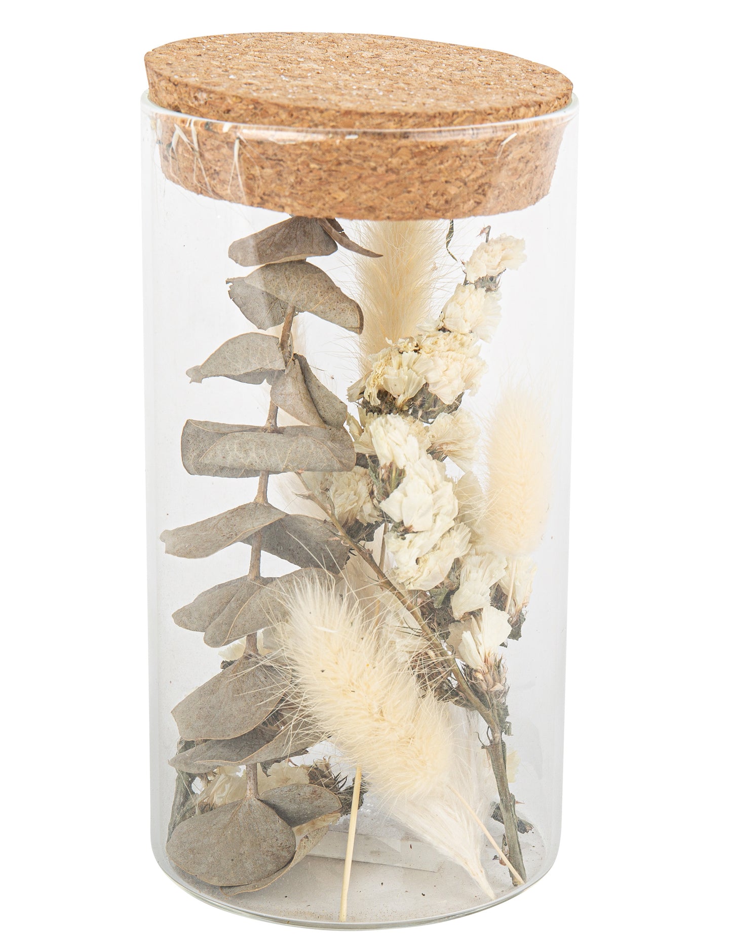 Bocal en verre avec fleurs séchées et coton pour décoration avec couvercle en liège et eucalyptus