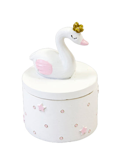 Boîte en résine cygne blanc rose et doré avec couronne pailletée