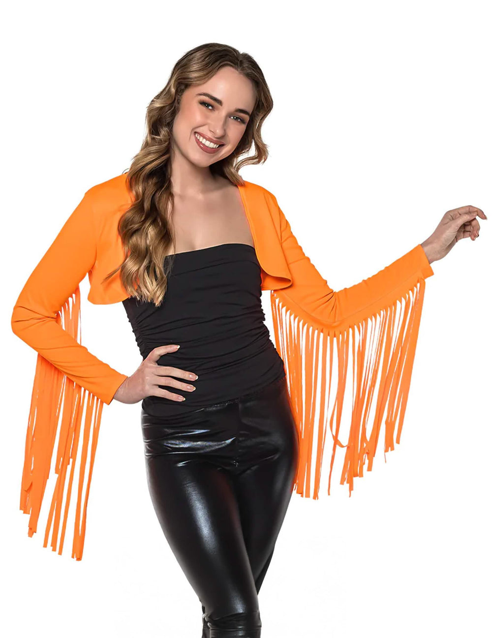 Boléro à franges orange fluo pour femme à longues franges