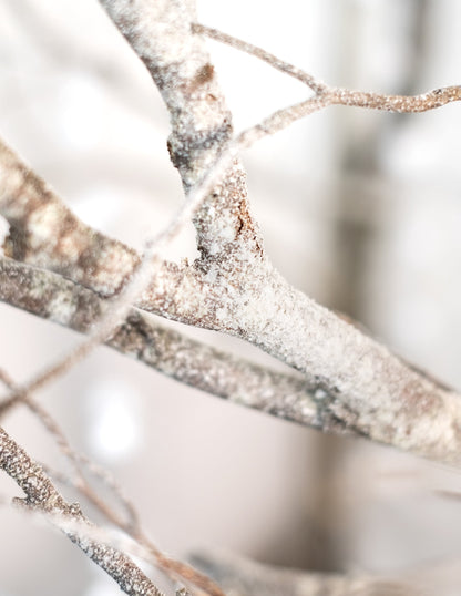 Détail de l'effet de neige sur des branches du bombe spray neige Noël