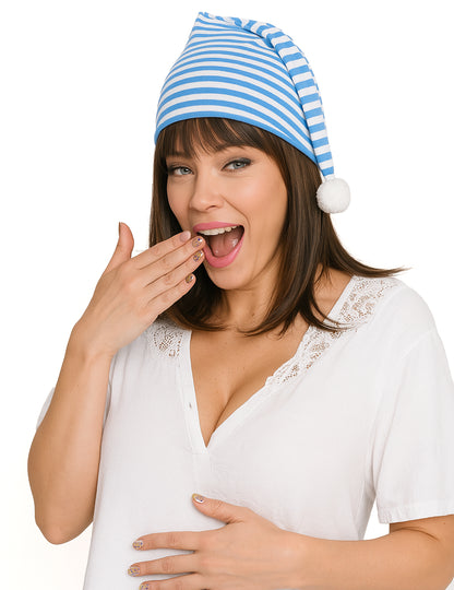 Vue de face du bonnet bleu et blanc avec pompon pour adulte