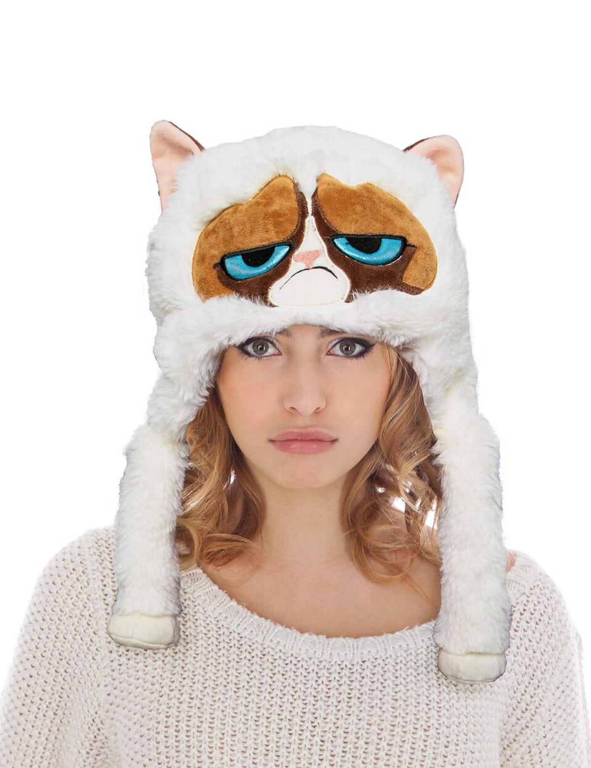 Bonnet Grumpy Cat™ voor volwassenen wit en bruin van nepbont