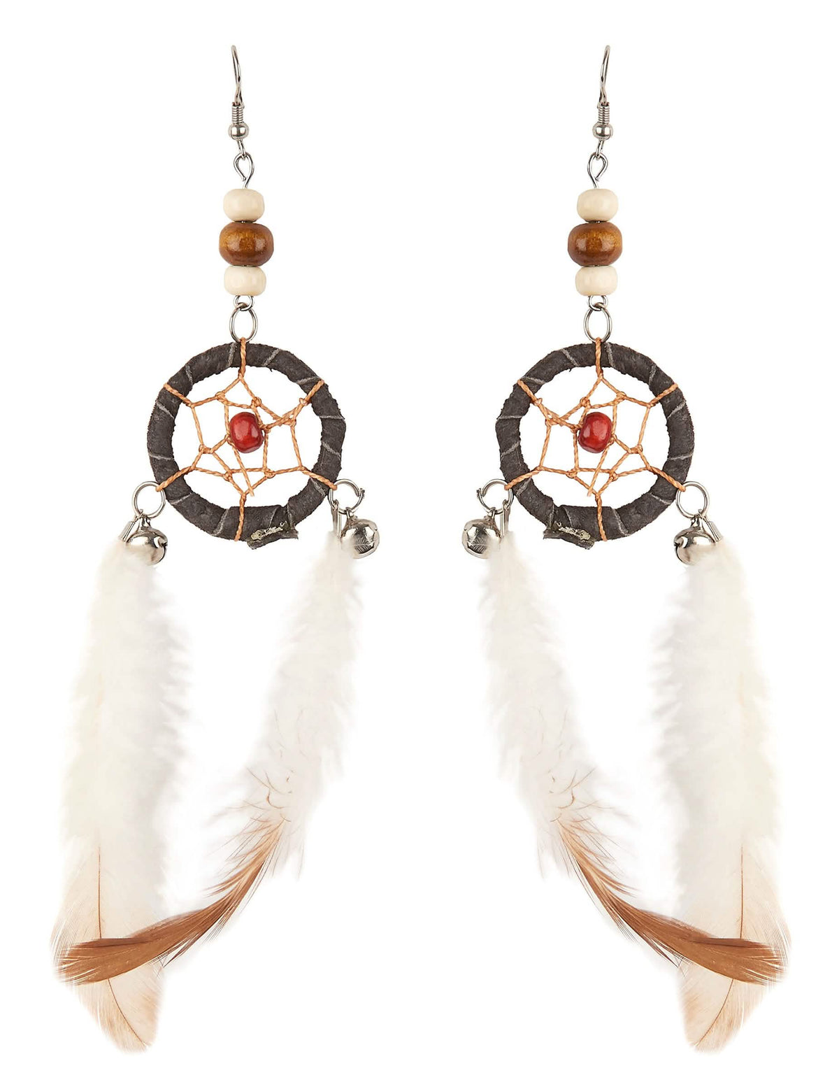 Boucles d'oreilles attrape-rêves pour adulte avec plumes blanches et marron