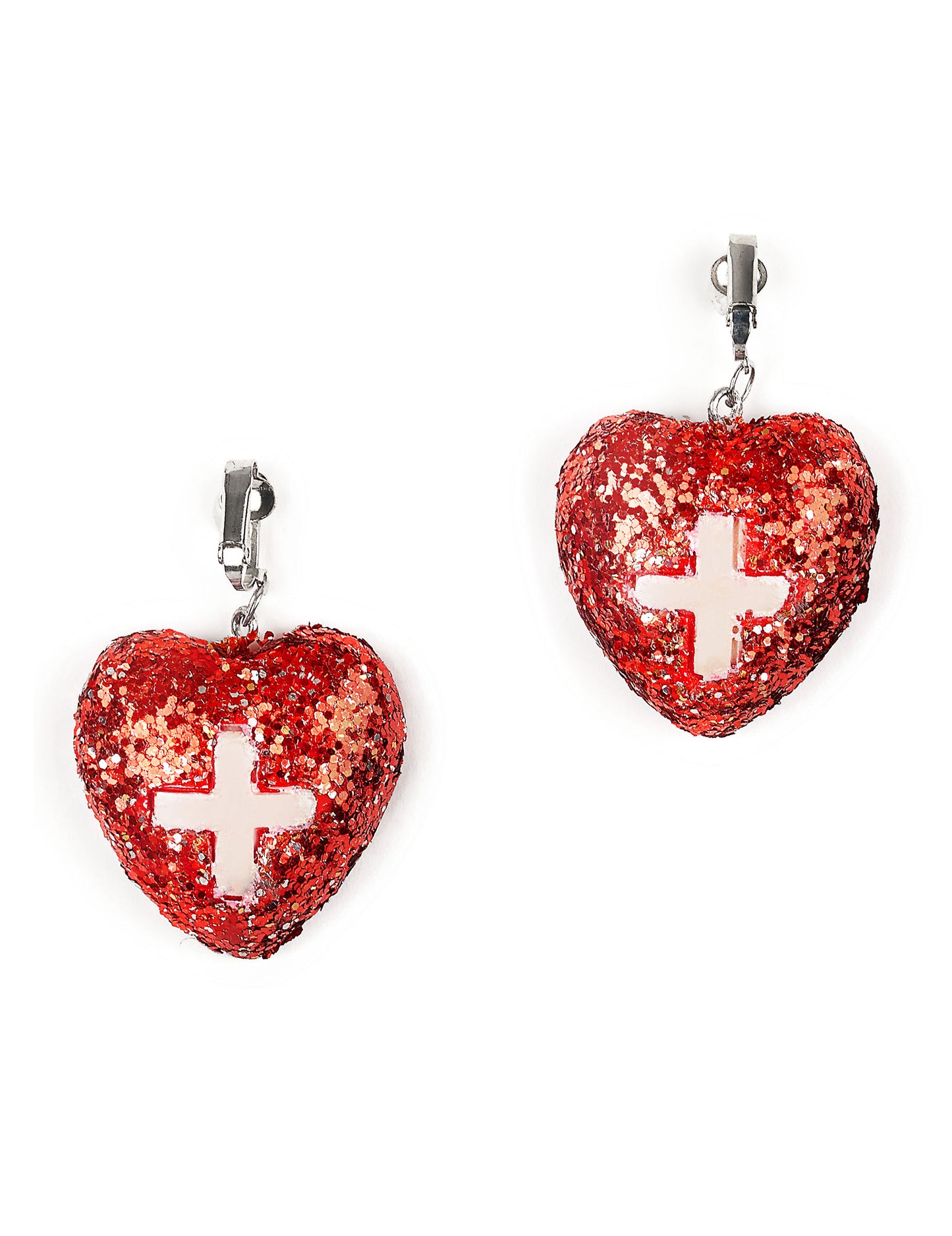 Boucles d'oreilles infirmière pour femme rouges pailletées en forme de cœur avec croix blanche