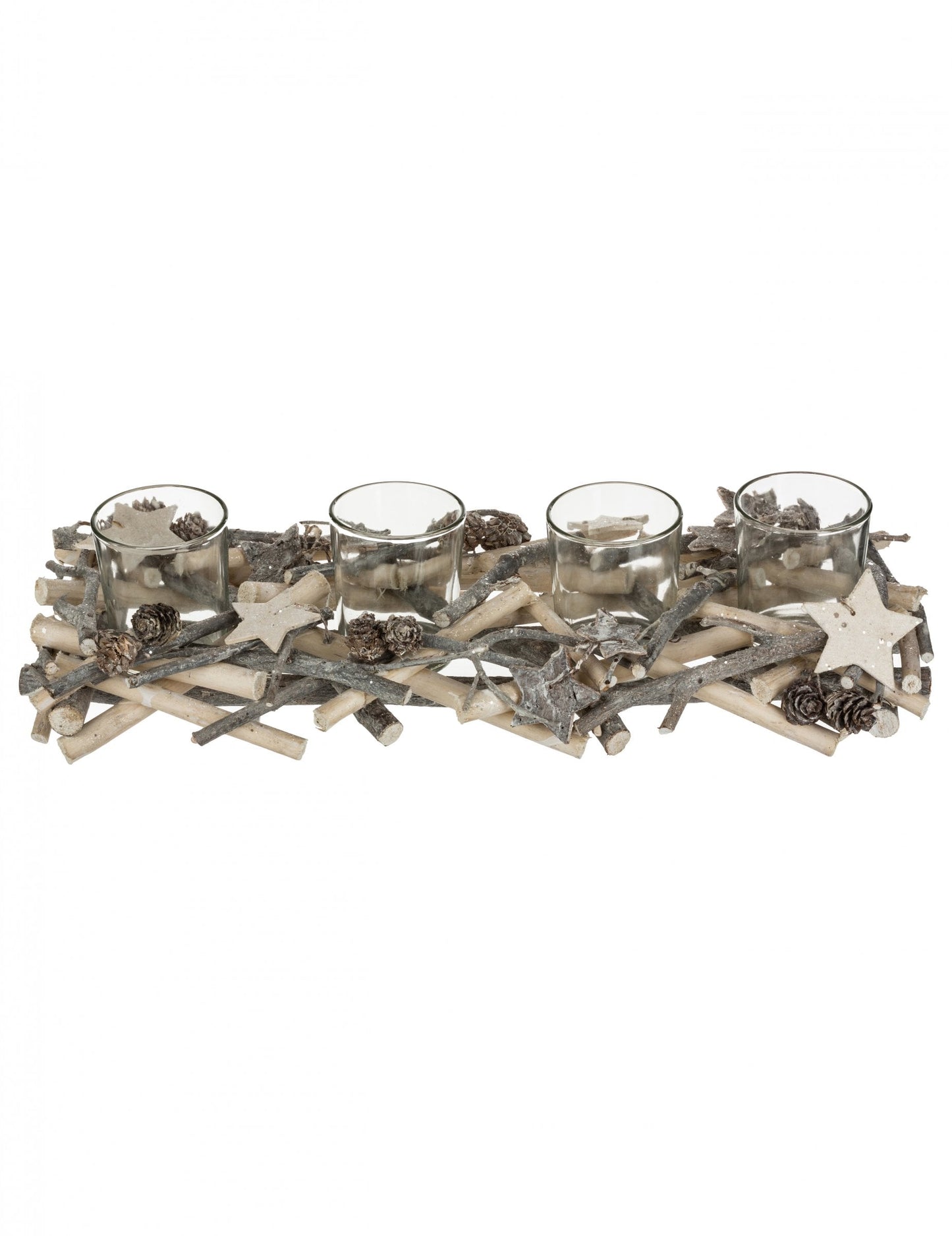 Centre de table 4 photophores sur bûche pour décoration bois naturel avec étoiles et pommes de pin