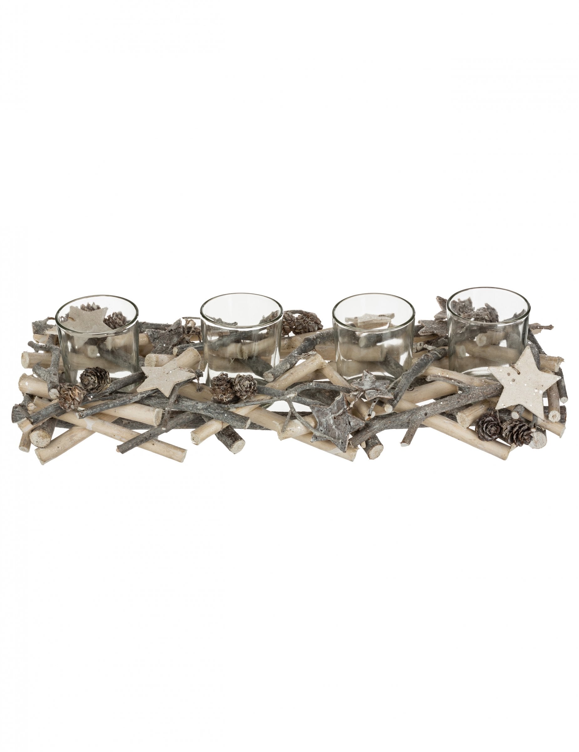 Centre de table 4 photophores sur bûche pour décoration bois naturel avec étoiles et pommes de pin