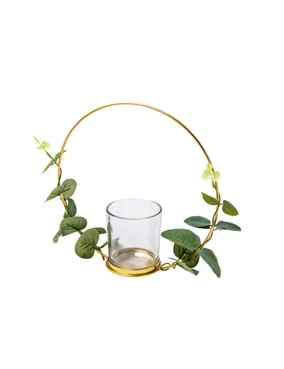 Metalen kandelaar theelichthouder eucalyptus op gouden cirkel 22 cm om op te hangen