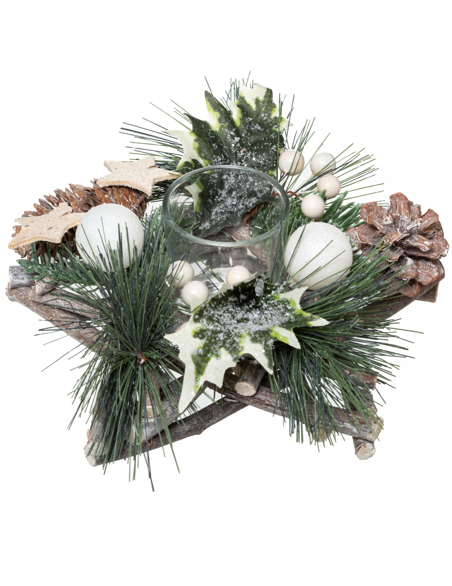 Photophore étoile des bois pour déco de Noël bois naturel et vert avec pommes de pin