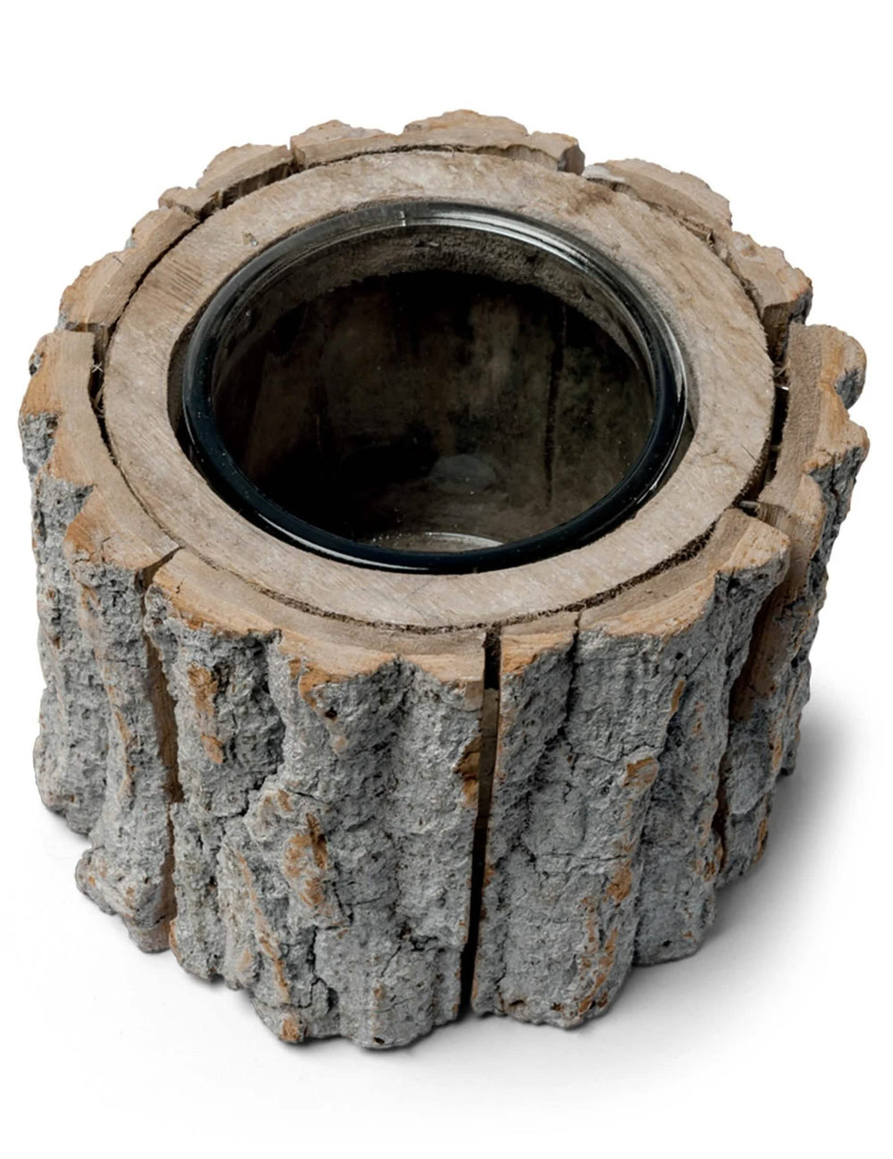 Bougeoir rondin de bois pour décoration aspect écorce naturelle marron avec verre